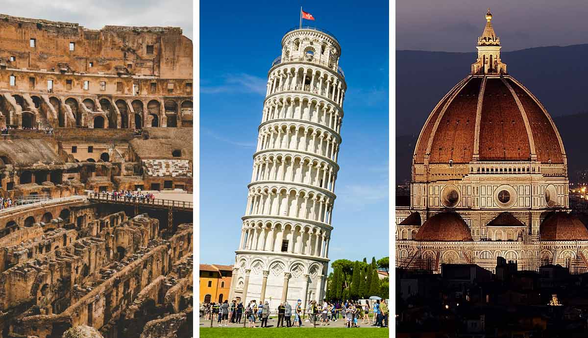 Famous Italian landmarks: Colosseum, Leaning Tower, Florence Cathedral