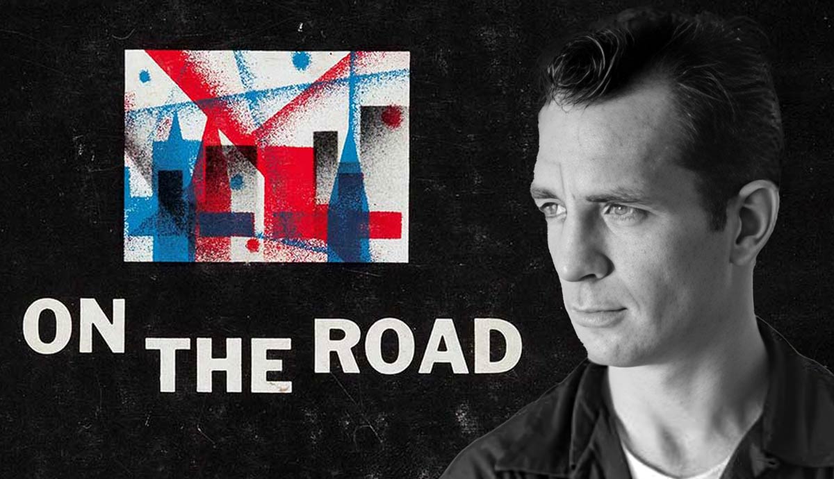 Kerouac beside abstract On the Road cover