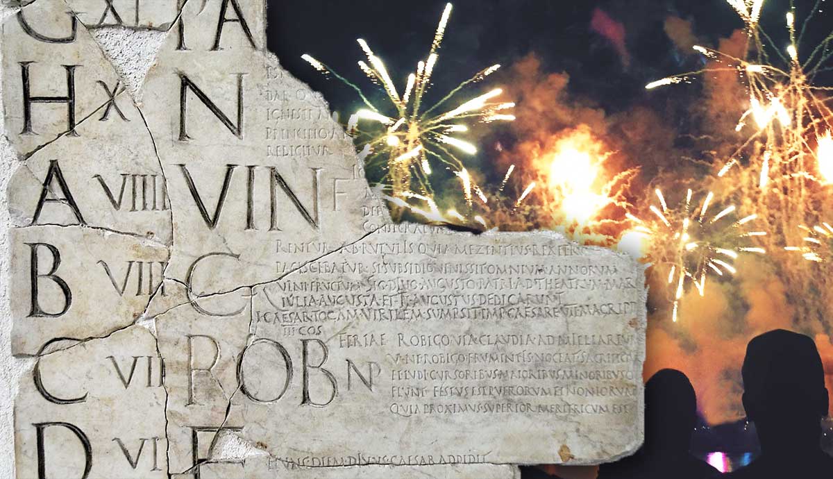 ancient roman inscription with fireworks