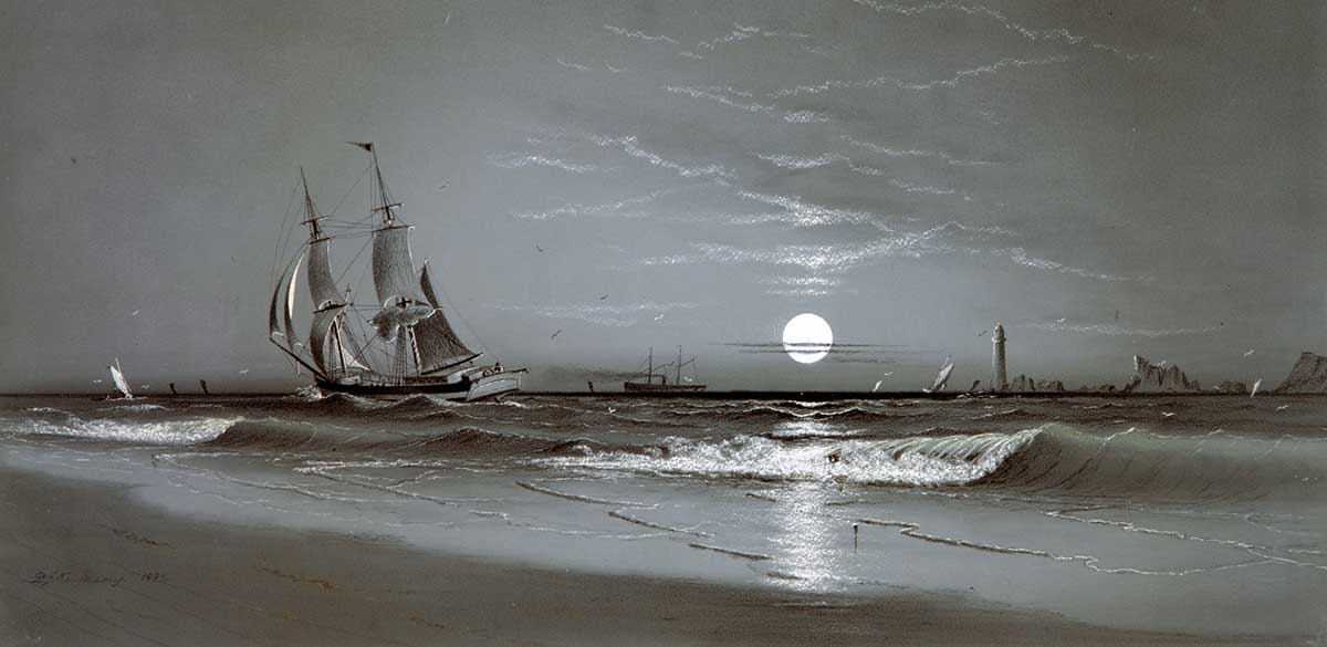 kennedy entrance to harbor moonlight drawing