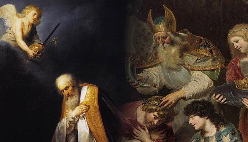 Baroque paintings of King David praying and Solomon anointed