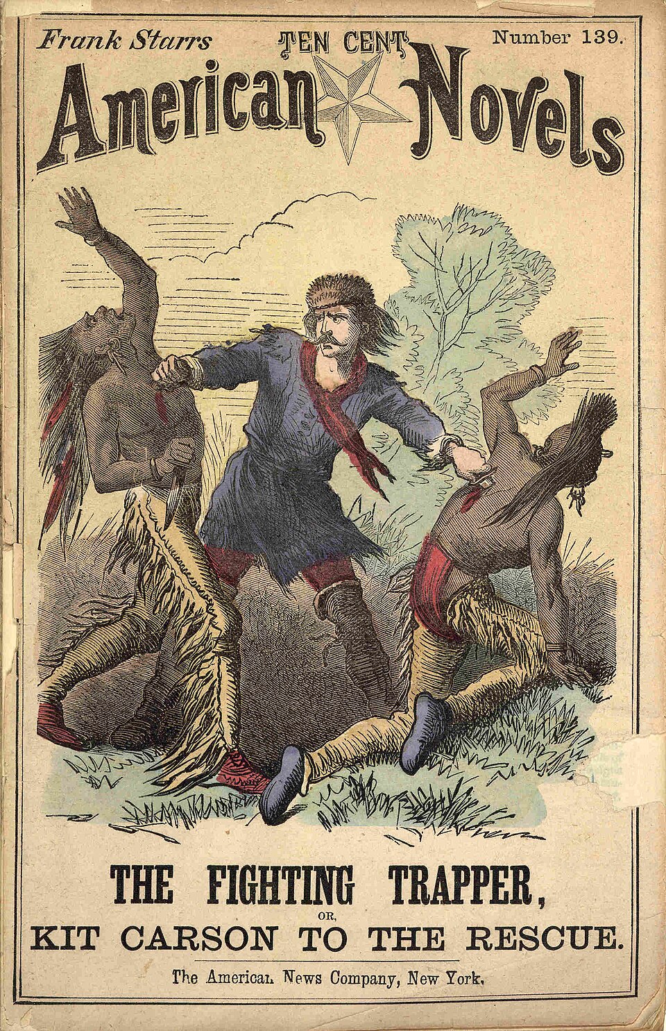 An 1874 dime novel with a depiction of Carson on the cover, stabbing two Indians simultaneously. Source: Wikimedia Commons