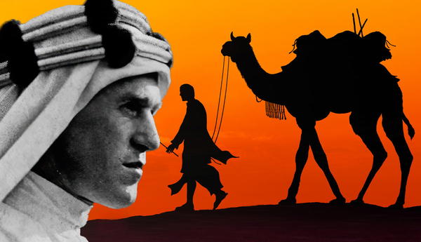 T. E. Lawrence portrait with desert traveler and camel silhouette
