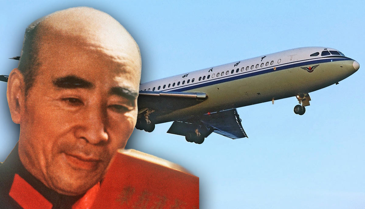 Chinese leader beside descending aircraft