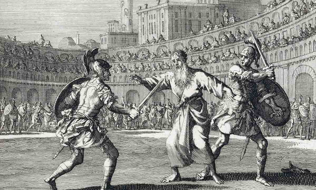 luyken saint telemachus of rome interrupts a gladiatorial fight print