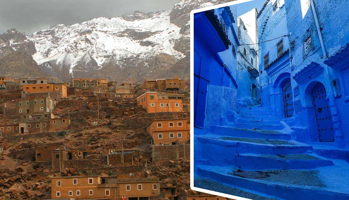 Berber village in Atlas Mountains and blue streets of Chefchaouen