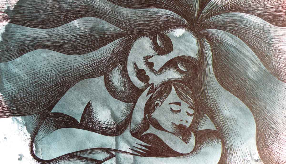 Mother embracing child in flowing abstract illustration