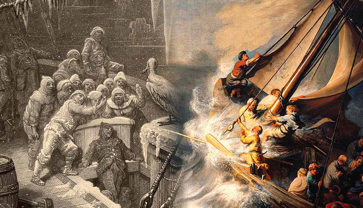 Sailors battling storm at sea