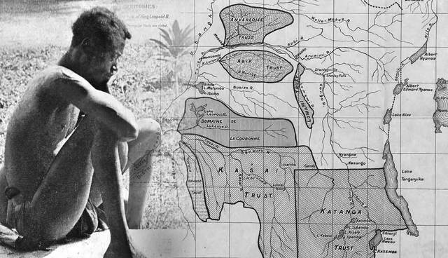 congolese man mourning beside colonial rubber map