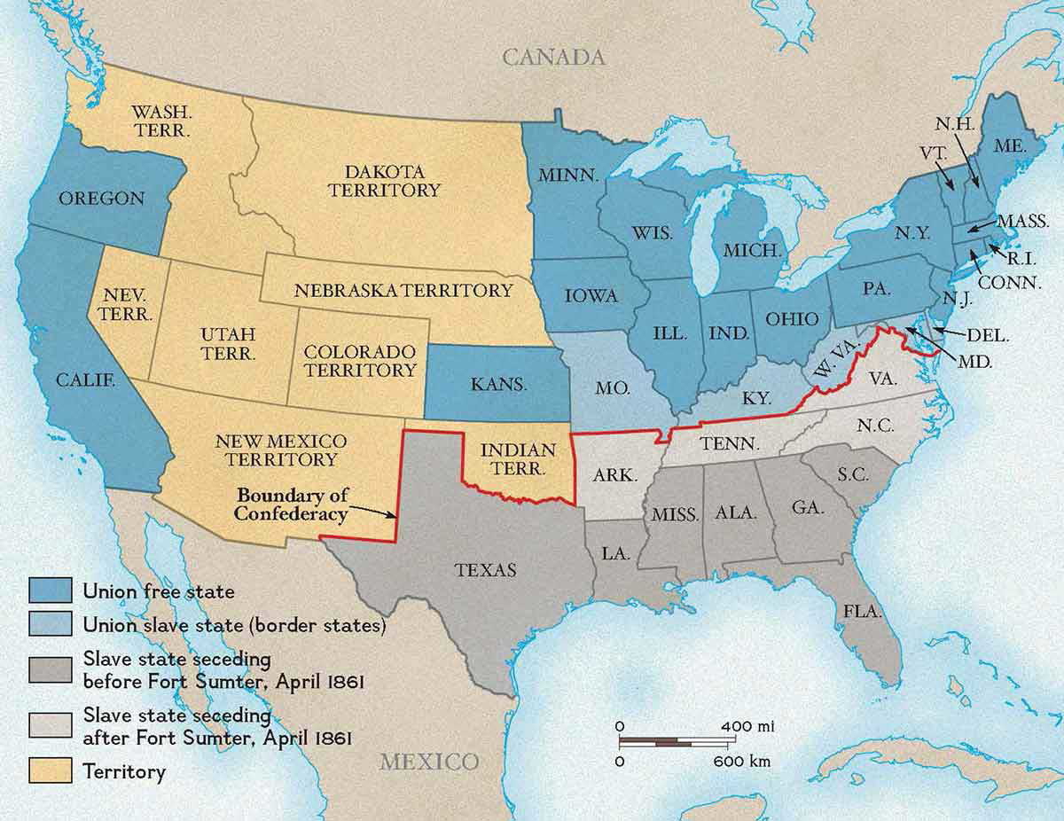 A map of the Union and the Confederacy
