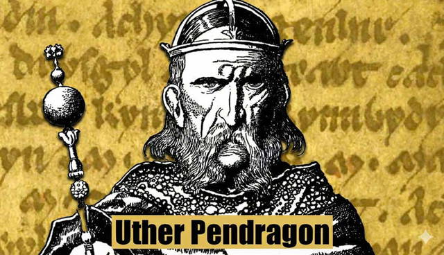 Medieval illustration King Uther Pendragon holding scepter