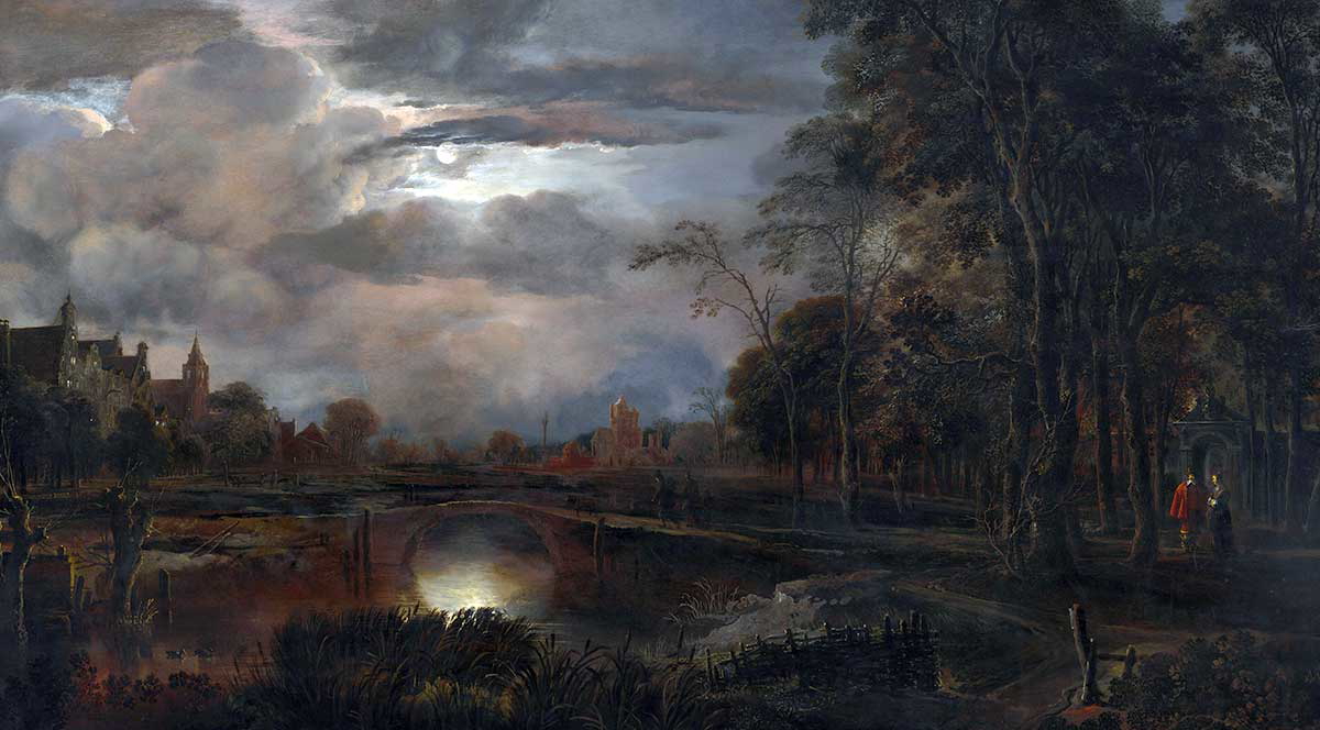 van der neer moonlit landscape with bridge painting