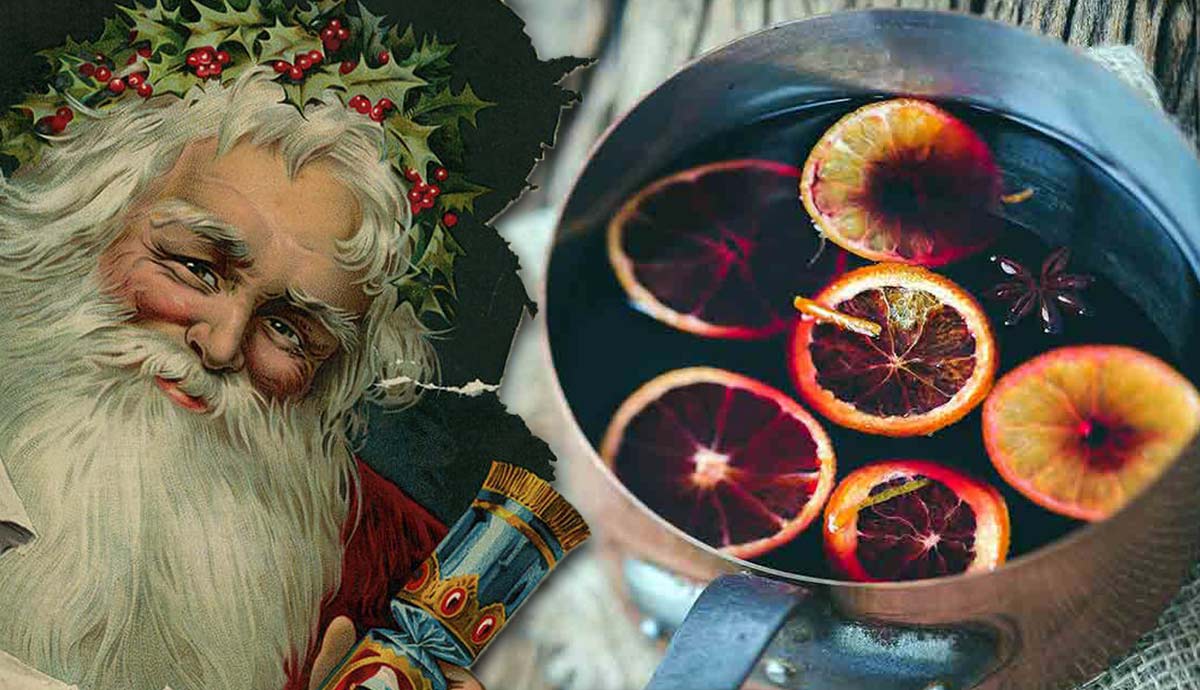 Vintage Santa illustration and mulled wine
