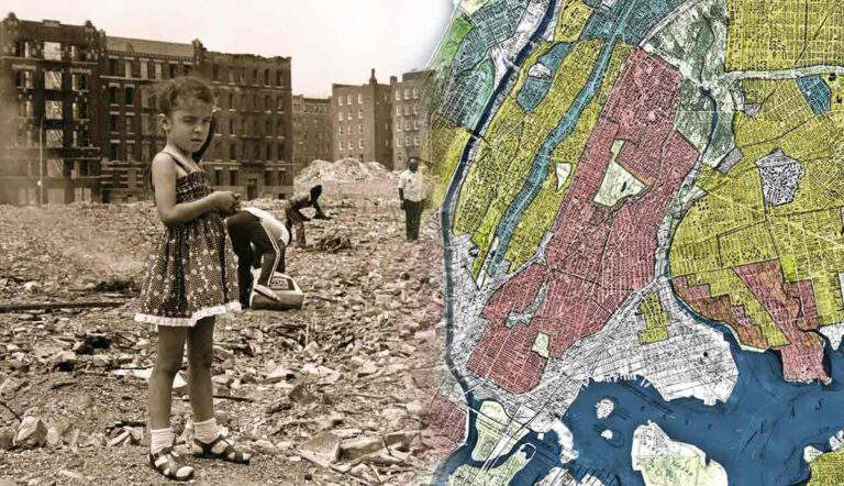 Bronx ruins beside redlined city map