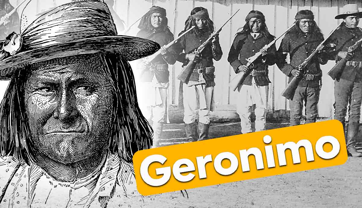 Apache leader portrait with armed warriors