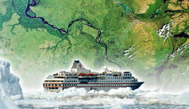 Expedition ship beneath satellite Earth imagery