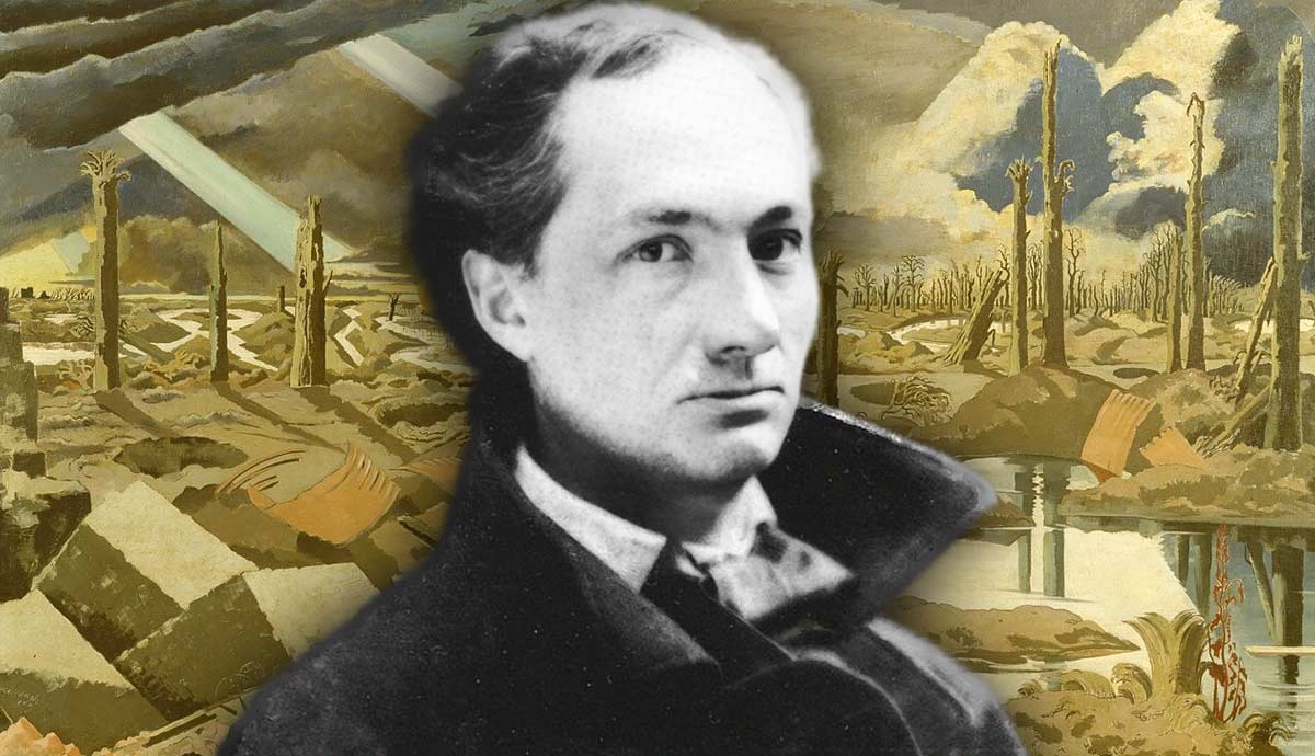 Nineteenth-century poet amid symbolic landscape