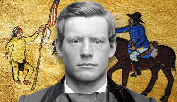 Silas Soule portrait over Sand Creek imagery