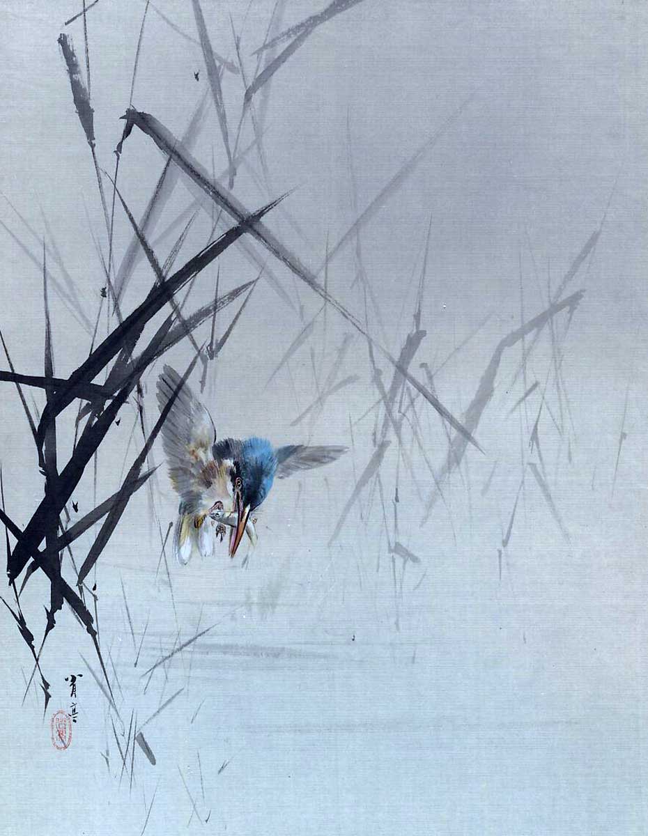 bird catching fish reeds
