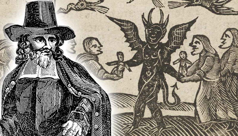 Puritan figure beside witchcraft illustration