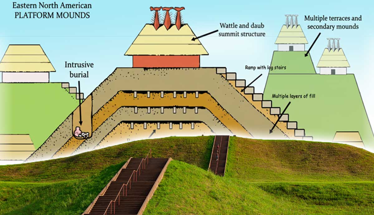 Diagram and photograph of Native American platform mound