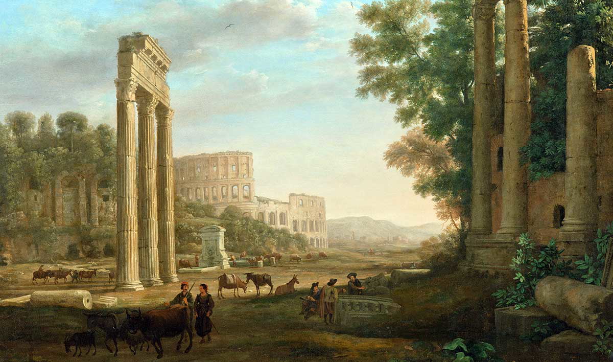 claude lorrain capriccio with ruins of the roman forum