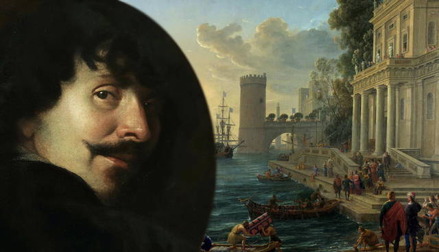 Claude Lorrain self-portrait over harbor landscape