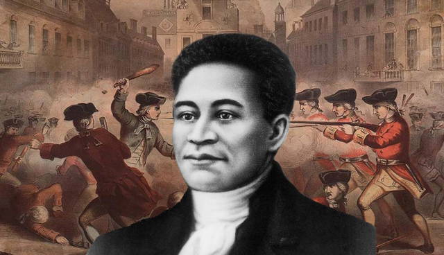 A painting of Crispus Attucks over The Boston Massacre