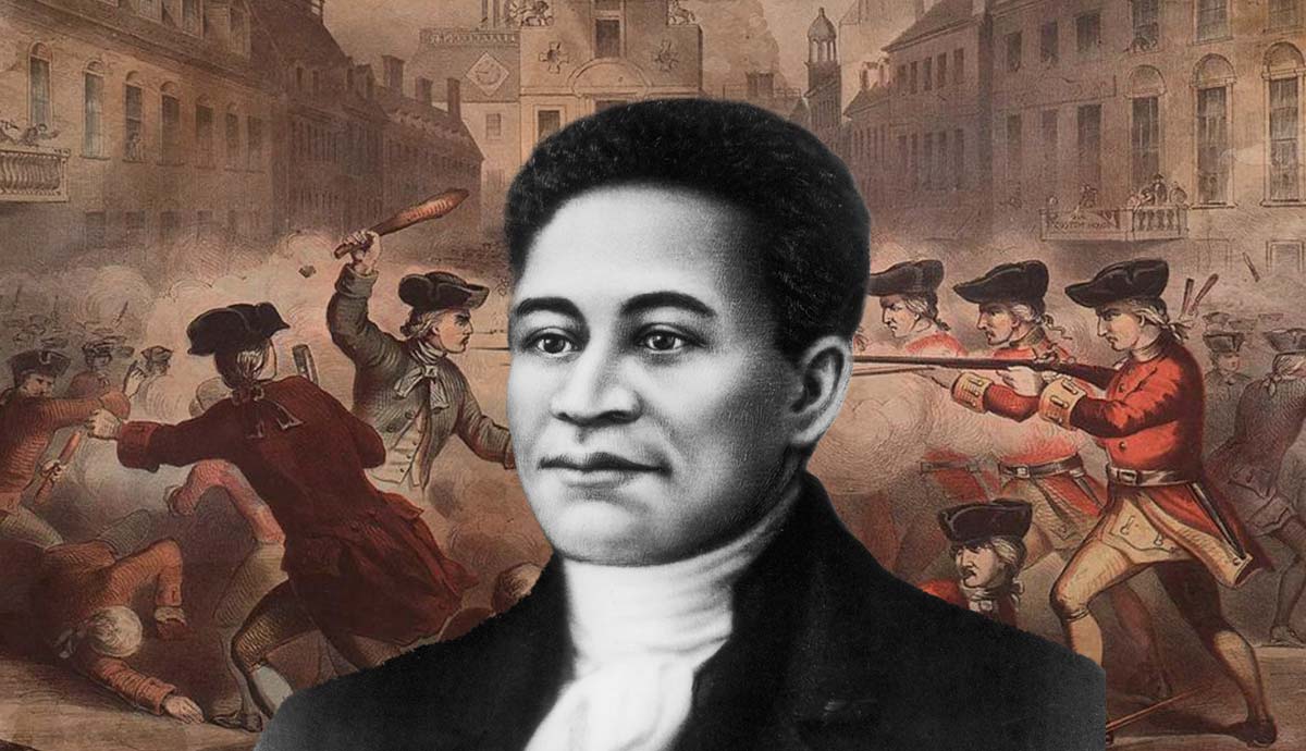 A painting of Crispus Attucks over The Boston Massacre