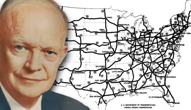 Eisenhower portrait over US highway map