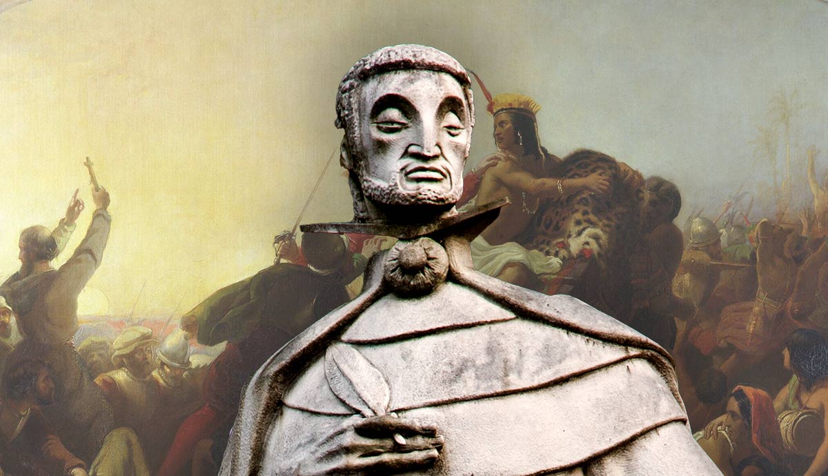 Stone statue overlaid on historic battle scene