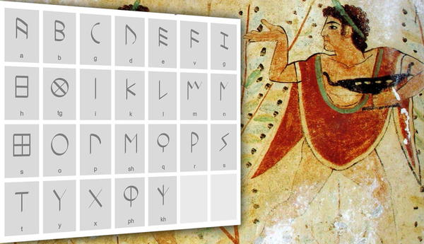 Etruscan alphabet and painted figure