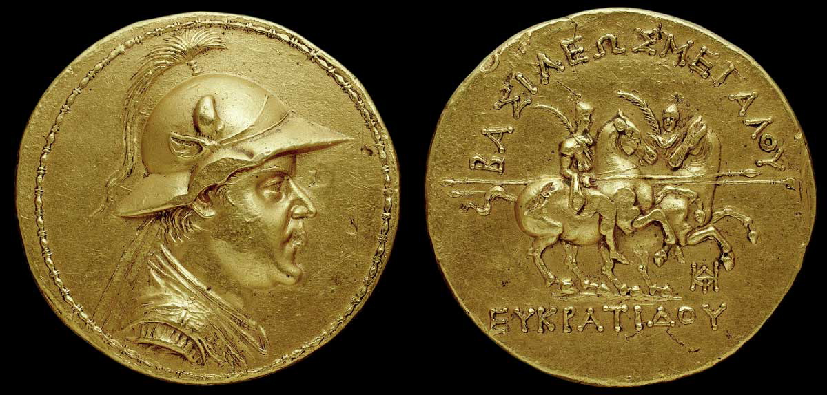 eucratides i gold coin heavenly horses
