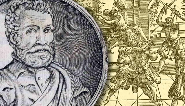 Renaissance scholar and violent woodcut scene