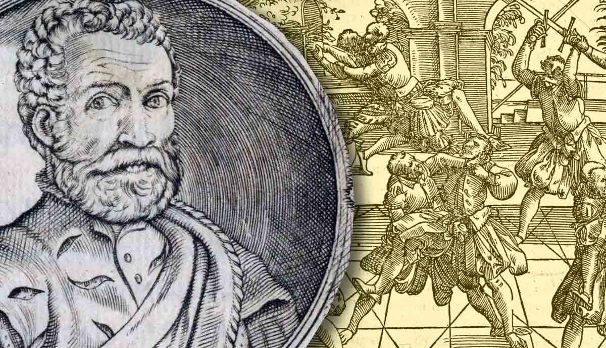 Renaissance scholar and violent woodcut scene