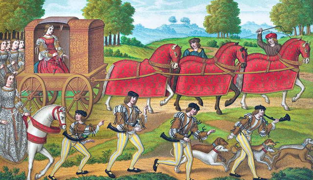 Medieval procession with carriage and musicians