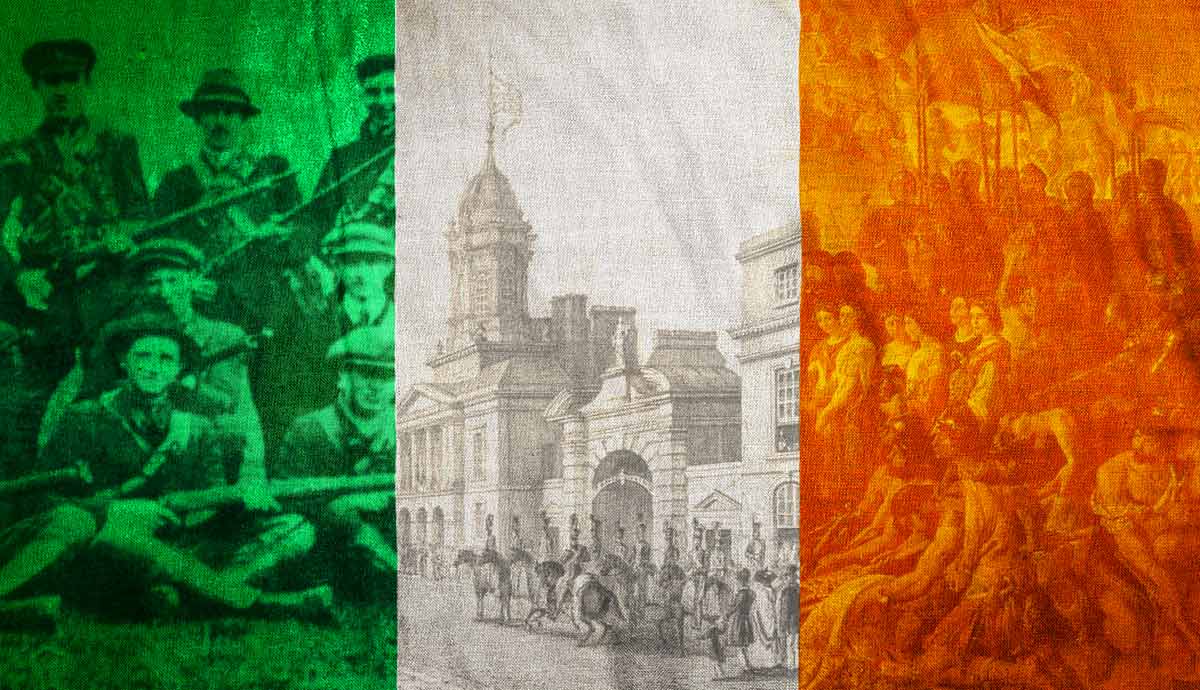 Irish tricolor with historical scenes