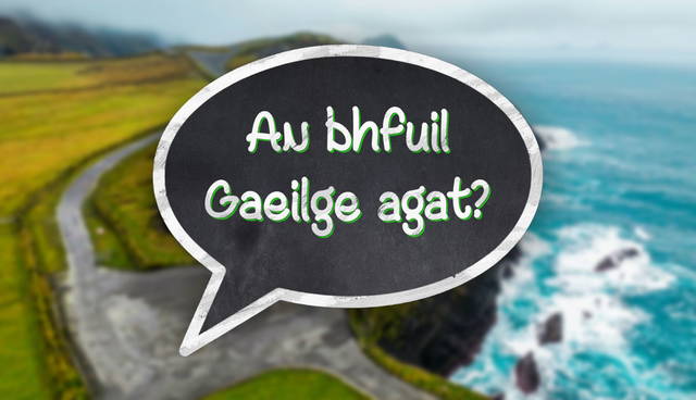 Irish coastal road with Gaelic speech bubble