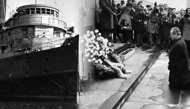 ship and memorial wreath ceremony