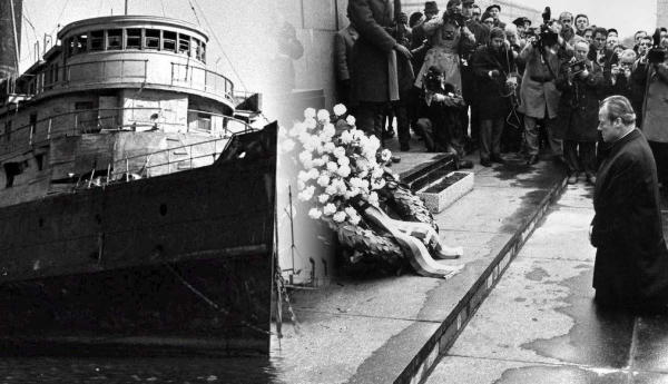 ship and memorial wreath ceremony