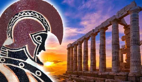 Ancient Greek warrior and temple ruins