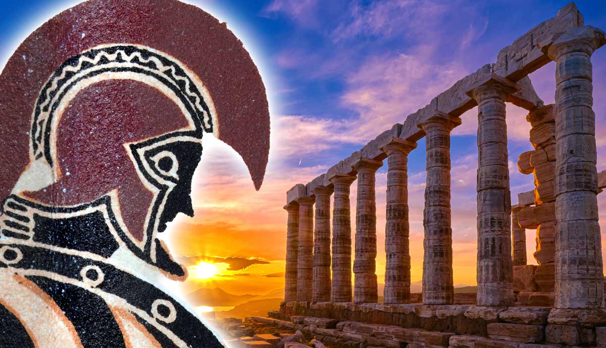 Ancient Greek warrior and temple ruins