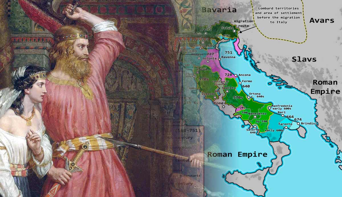 Alboin assassination and Lombard conquest map