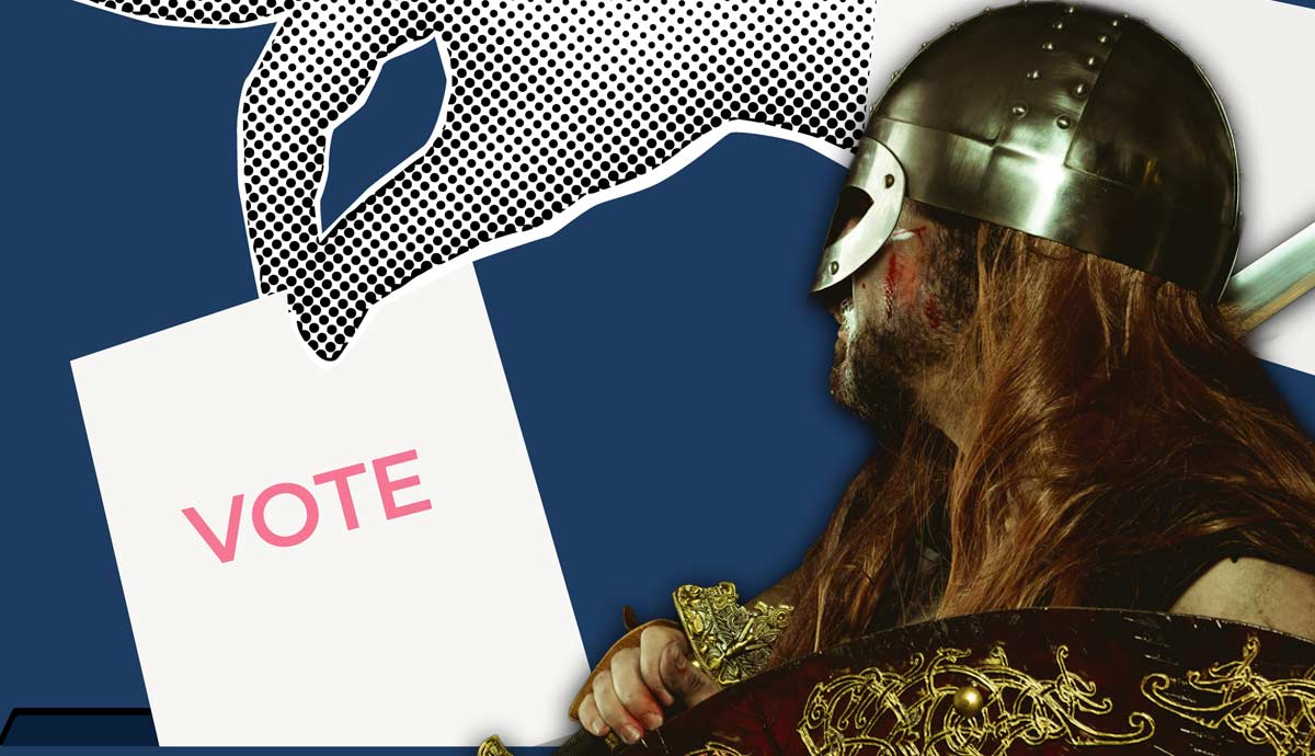 Medieval warrior with voting backdrop