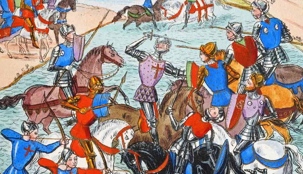Medieval knights fighting on horseback