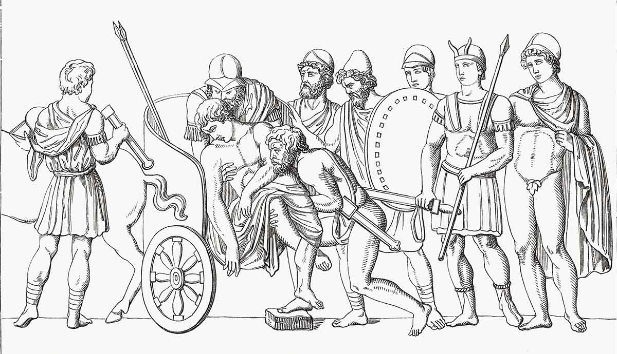 Ancient warriors carrying wounded comrade