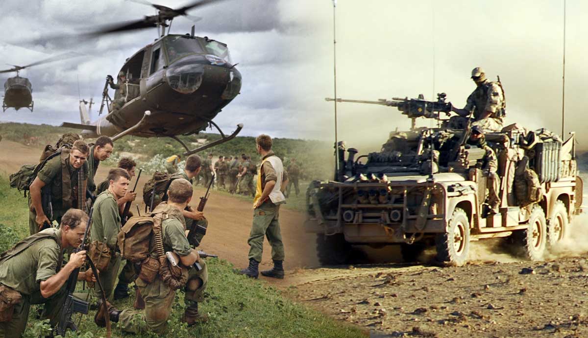 Vietnam War helicopter insertion and modern patrol vehicle