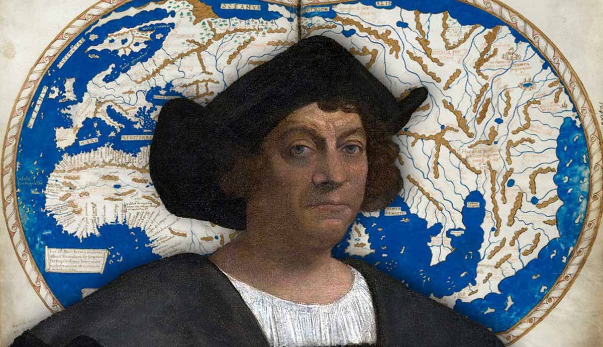 Columbus portrait over medieval world map