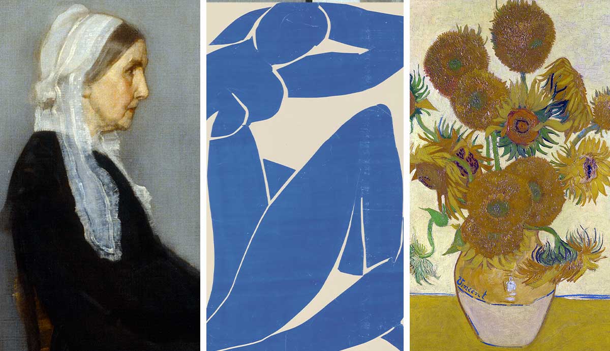 side-by-side presentation of three paintings of exhibitions that will take place in Europe in 2026