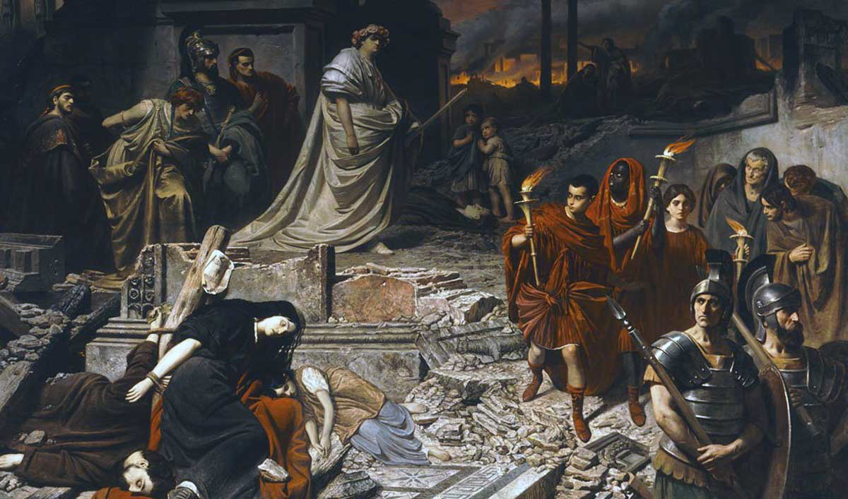 nero walks on rome cinders